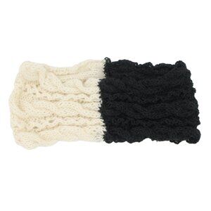 Handmade Hand Knit Cashmere Alpaca Blend White & Black Cables & Lace Ear Warmer